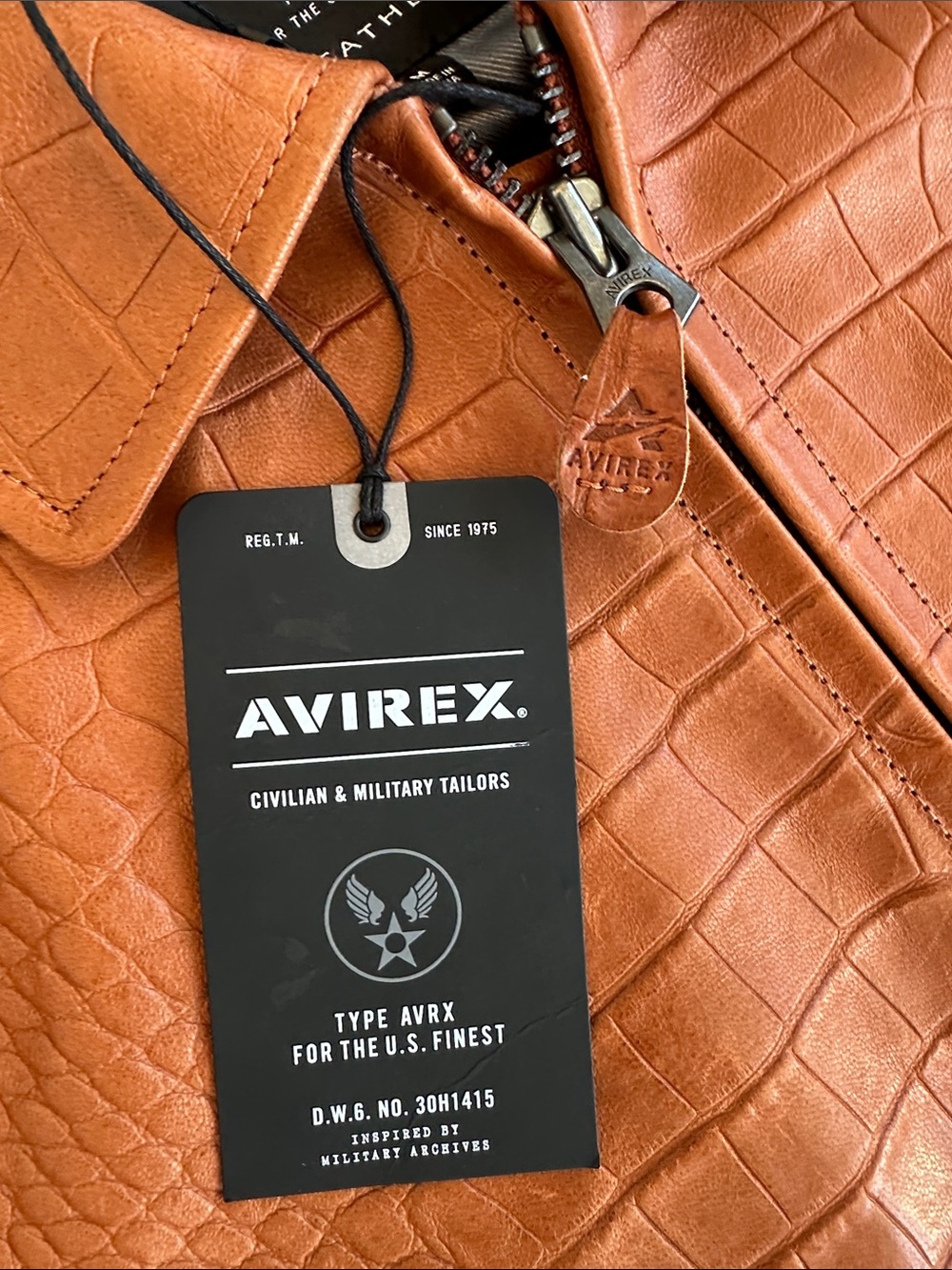 Avirex Croc-Embossed Tan/Brown Bomber Jacket with Crest Patch - Picture 8 of 10
